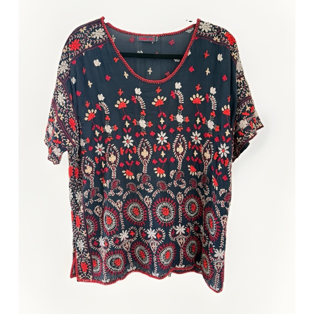 Johnny Was Heavily Embroidered Navy/Red/White Boho Blouse SizeMed EUC Org. $295
